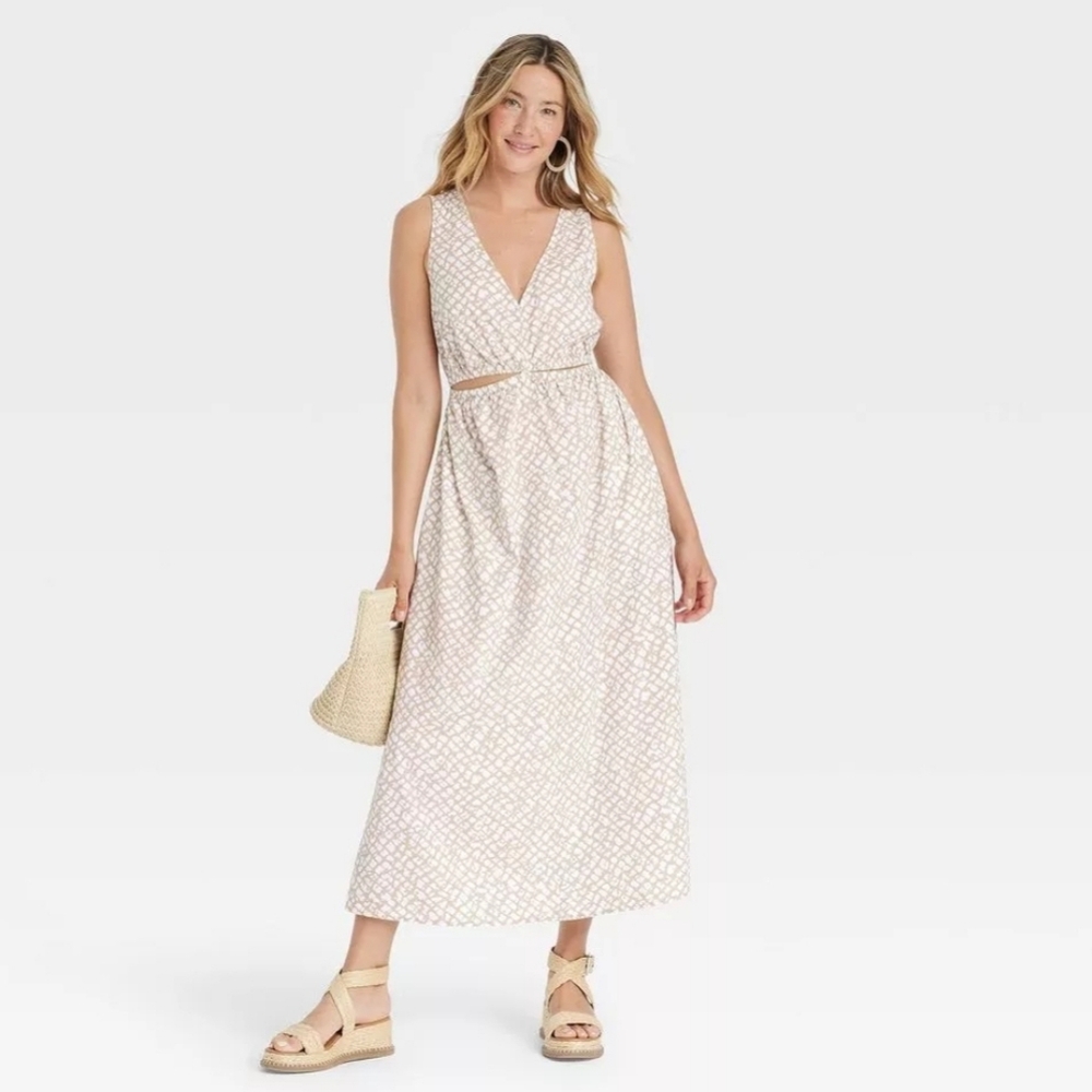 Universal Thread Women's Cut-Out A-Line Casual Maxi Dress, Tan Abstract, M